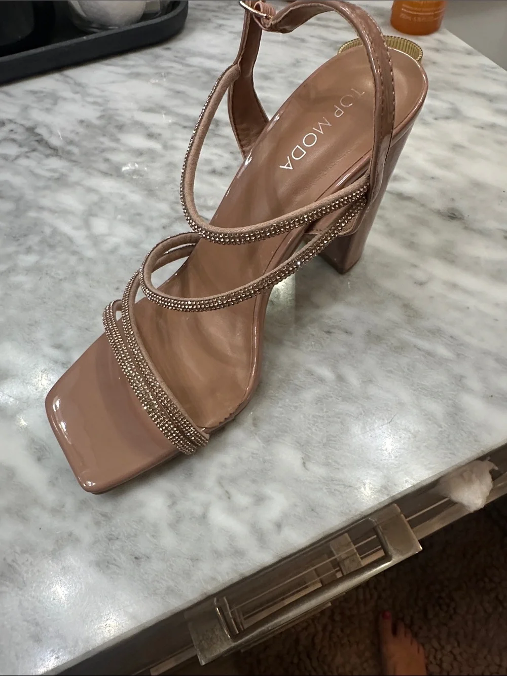 Blush Rhinestone Strappy Block Heel Sandal